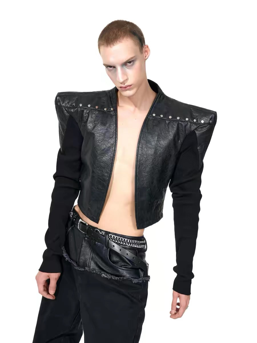 Collarless Knitted Patchwork Leather Jacket