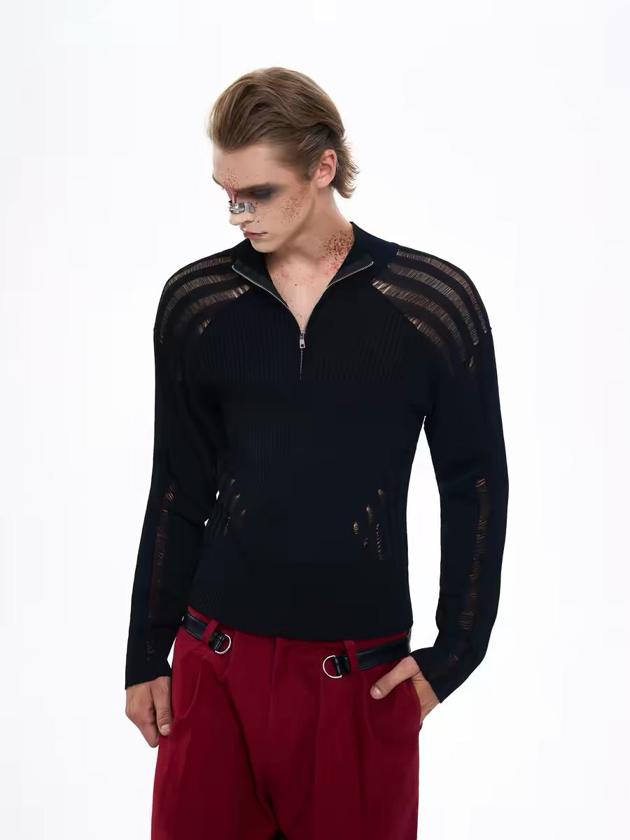 Hollow-Out Slim Fit Zip-Up Sweater