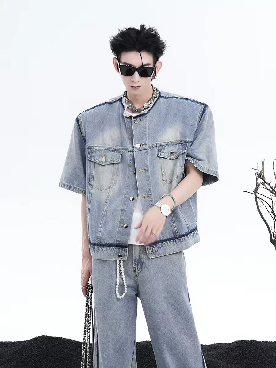 Collarless Short-Sleeved Frayed Denim Jacket