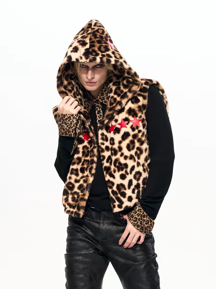 Leopard Print Hooded Faux Fur Vest