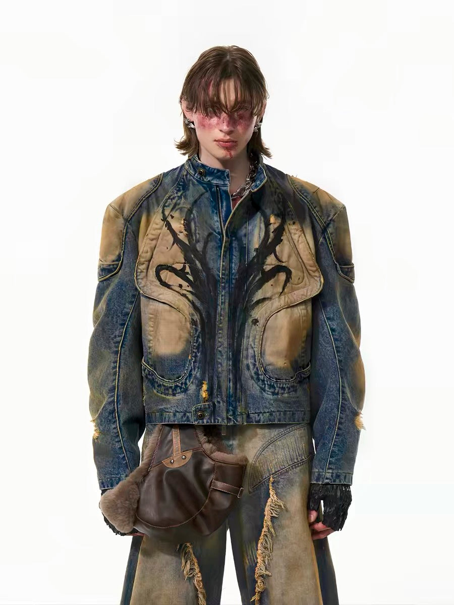 Distressed Stand-Collar Hand-Painted Denim Jacket