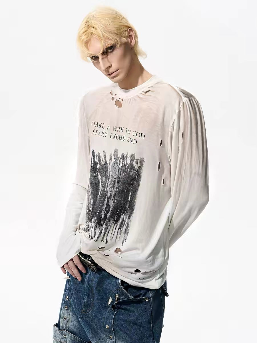 Distressed Graphic Print Long-Sleeve T-Shirt
