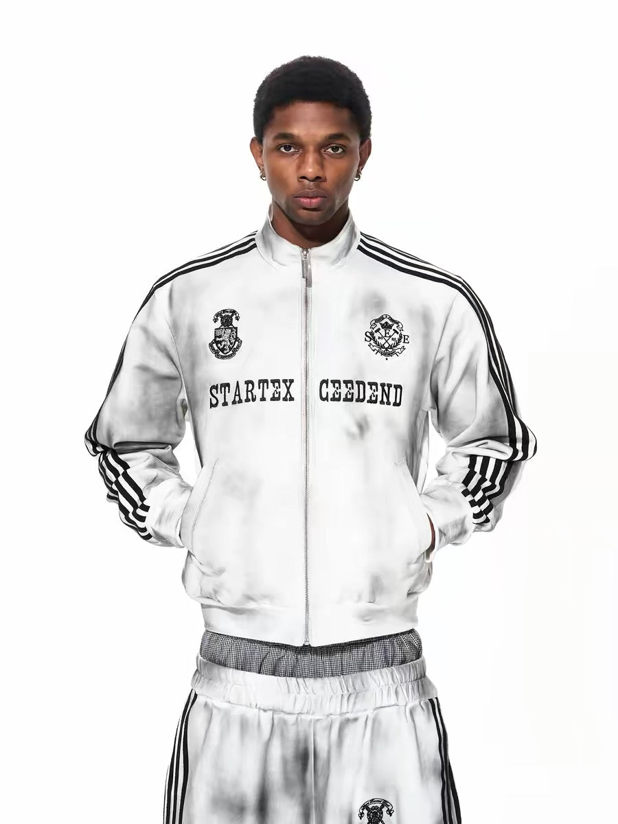 Distressed Striped Stand Collar Track Jacket