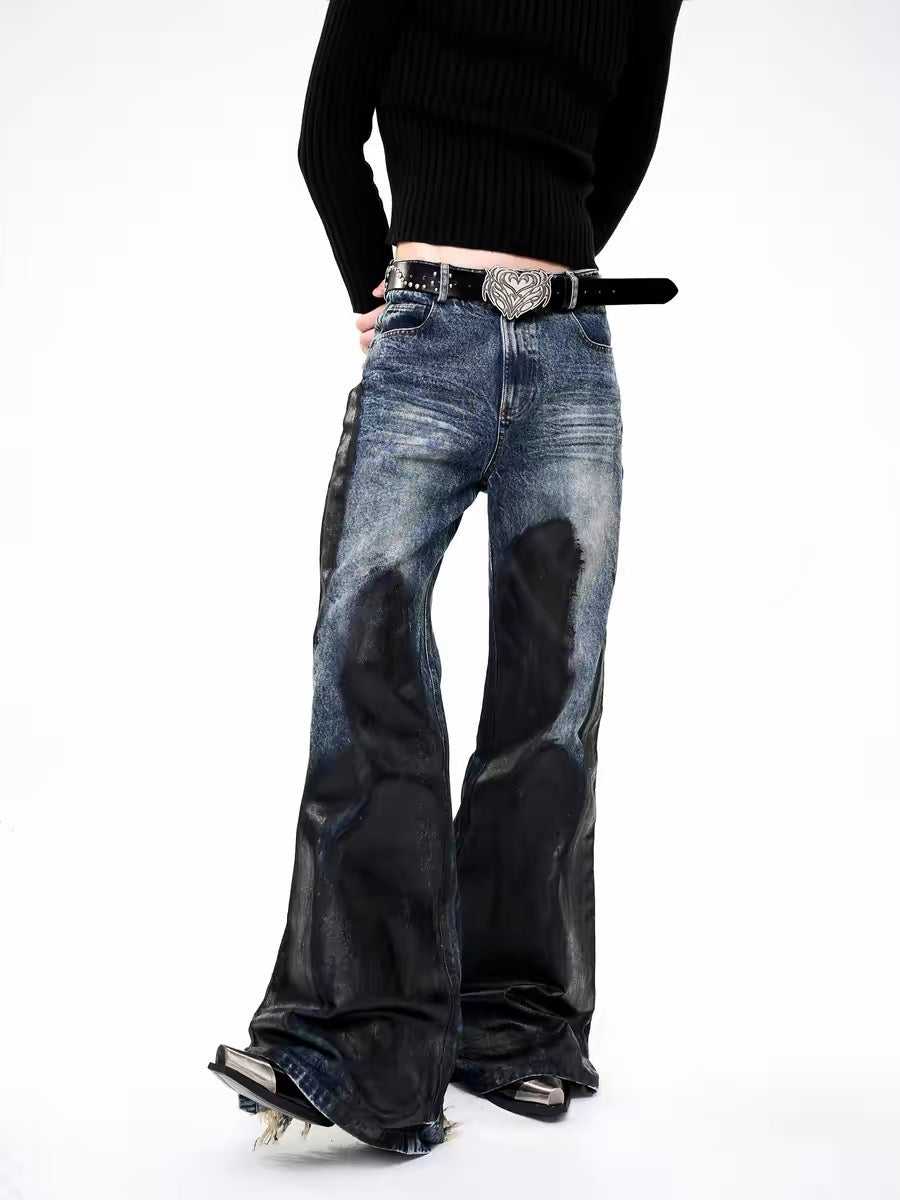Waxed Distressed Flared Denim Pants