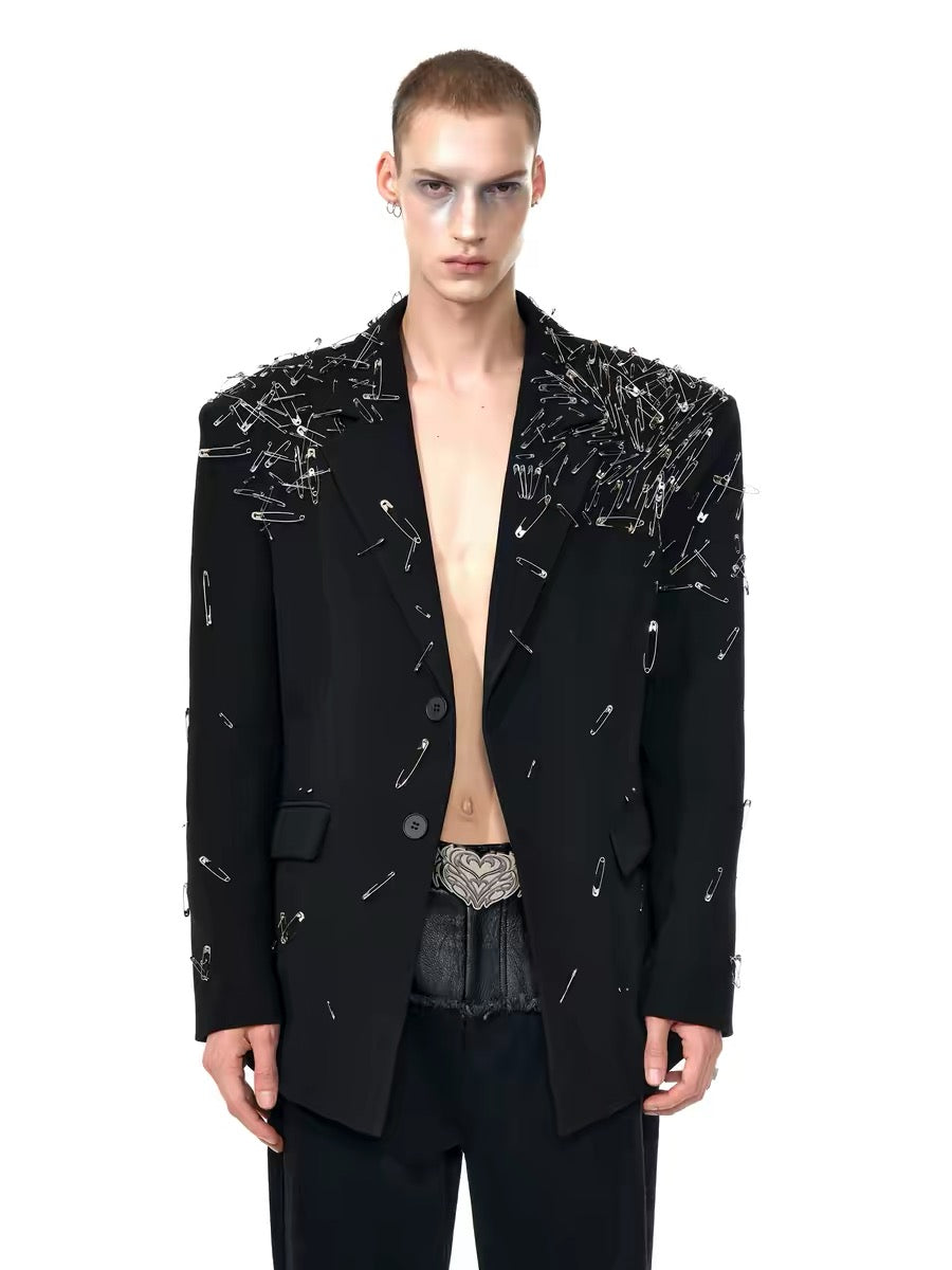 Safety Pin Embellished Suit Jacket