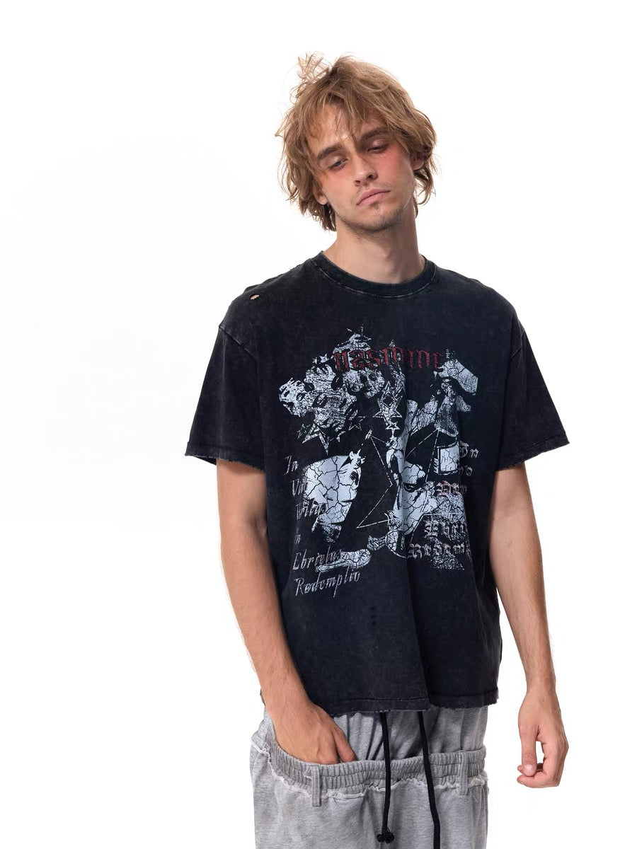 Washed Distressed Graphic Cotton T-Shirt