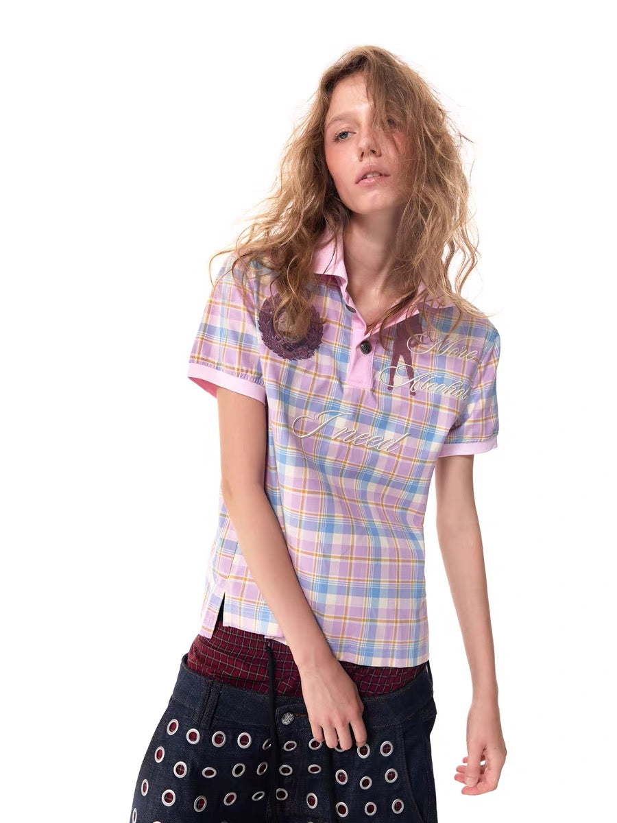 Plaid Embroidered Short-Sleeve Polo Shirt
