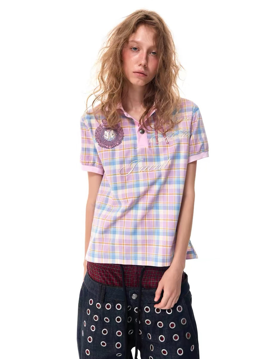 Plaid Embroidered Short-Sleeve Polo Shirt