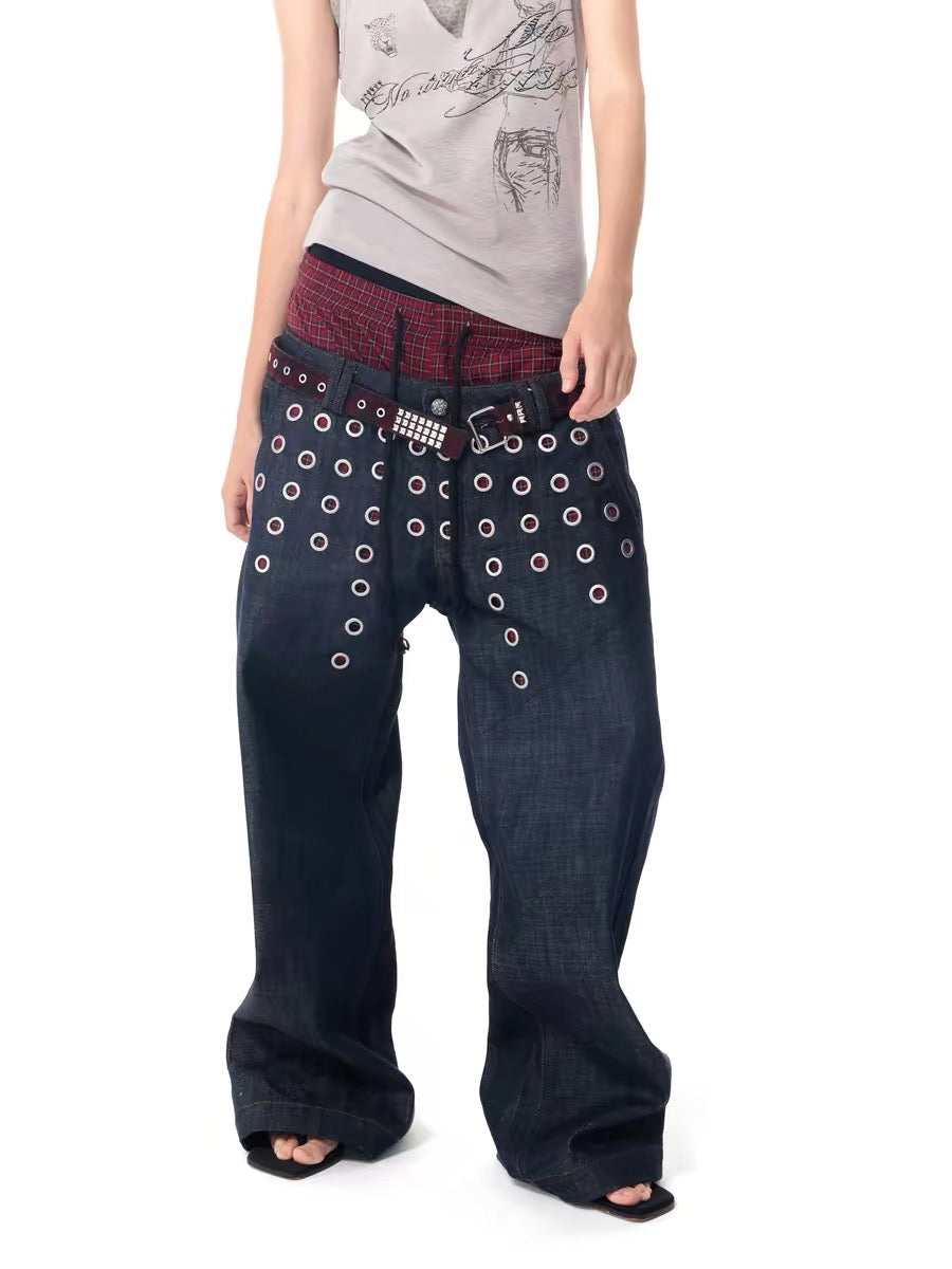 Eyelet Detail Double Waistband Denim Pants