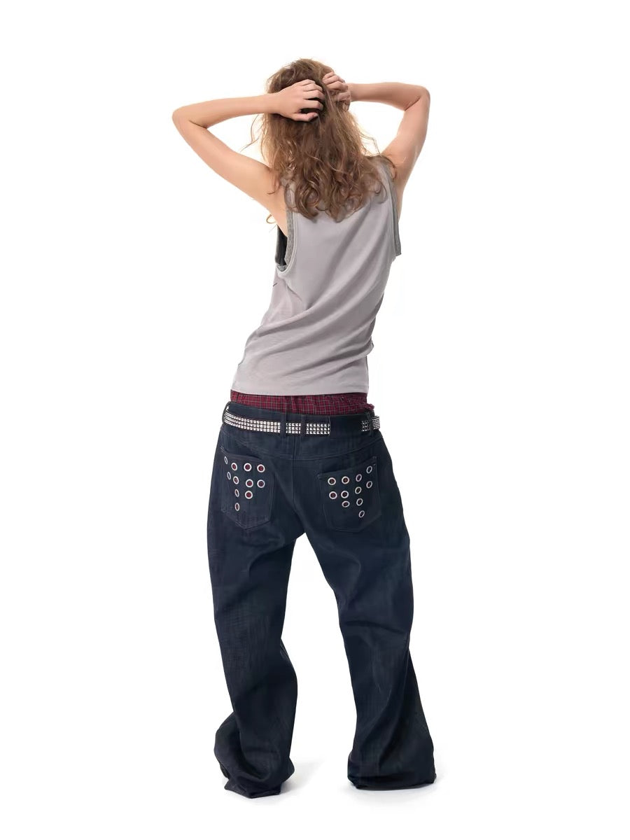 Eyelet Detail Double Waistband Denim Pants