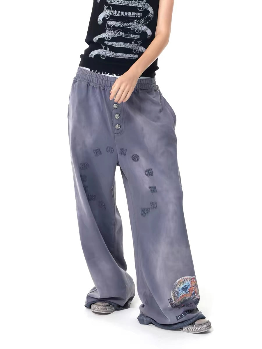 Distressed Graphic Wide Leg Pants