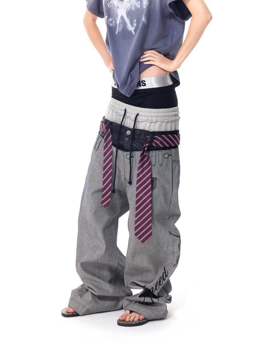 Patchwork Wide-Leg Jeans Pants