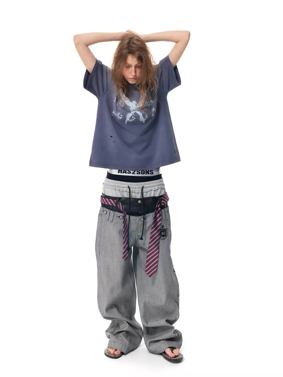 Patchwork Wide-Leg Jeans Pants