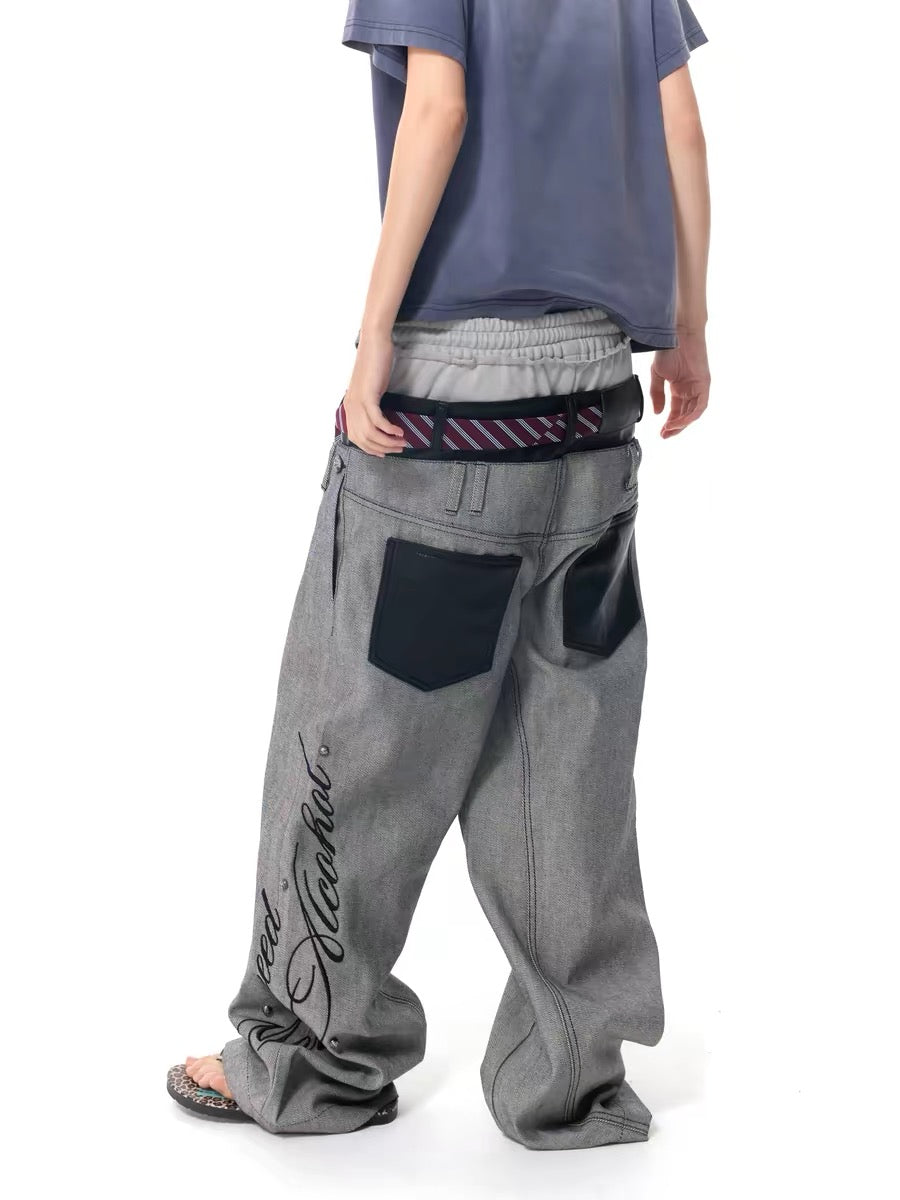 Patchwork Wide-Leg Jeans Pants