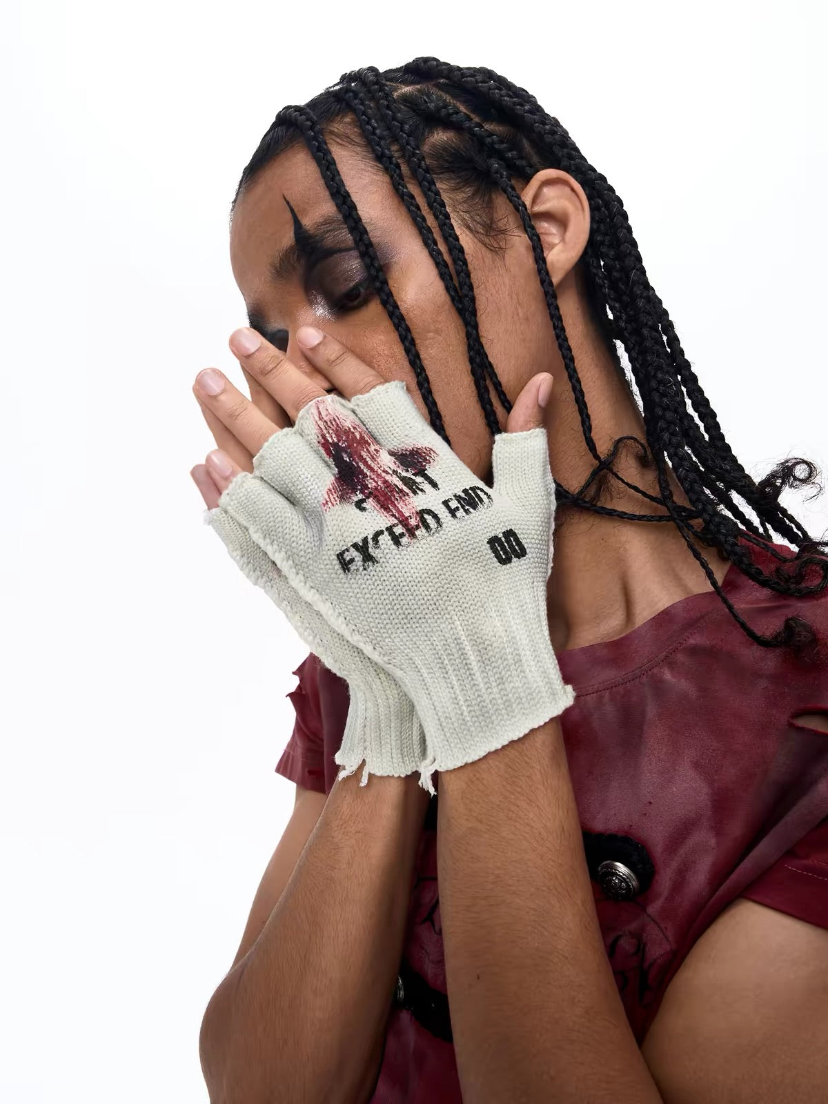 Letter Print Distressed Half-Finger Knitted Gloves