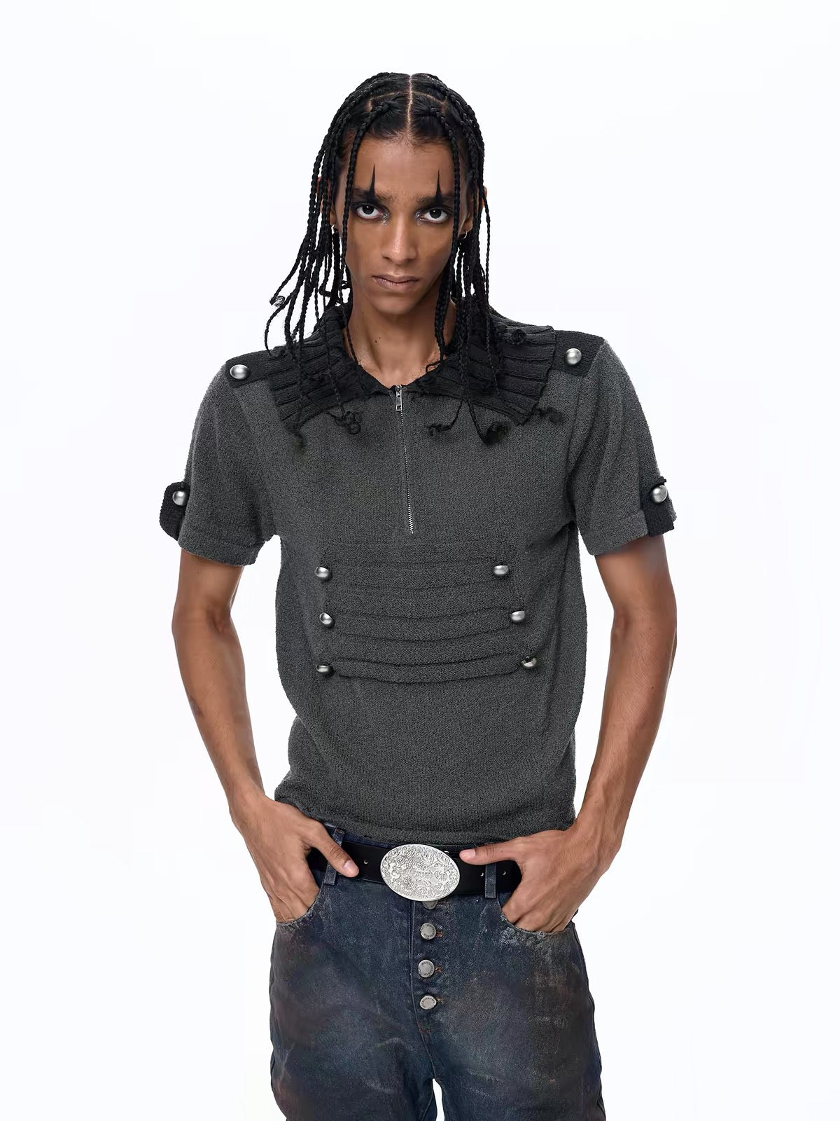Short-Sleeve Napoleon Court Style Knit Sweater