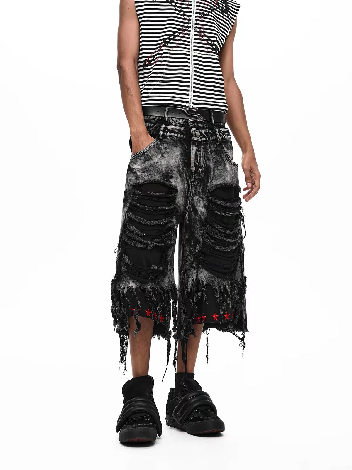 Double-Waisted Ripped Tassel Star Embroidered Shorts
