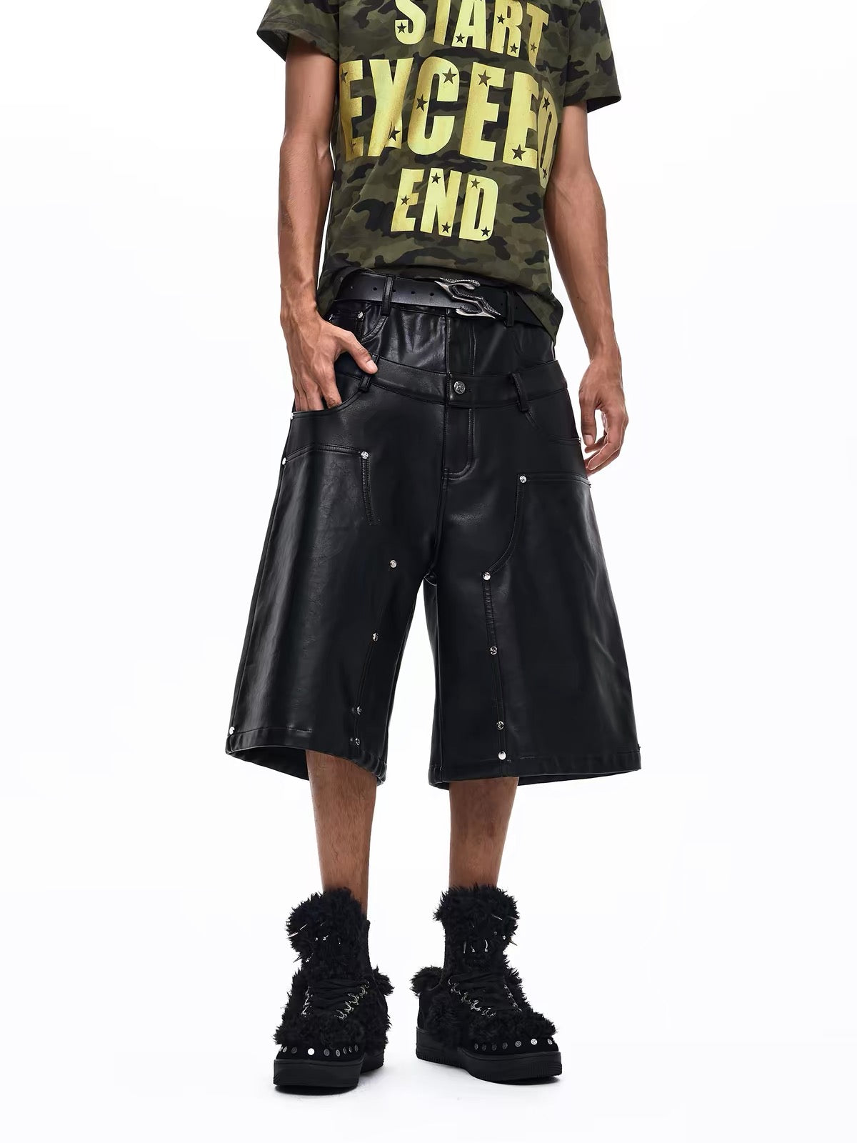 Double-Waisted Studded PU Leather Shorts