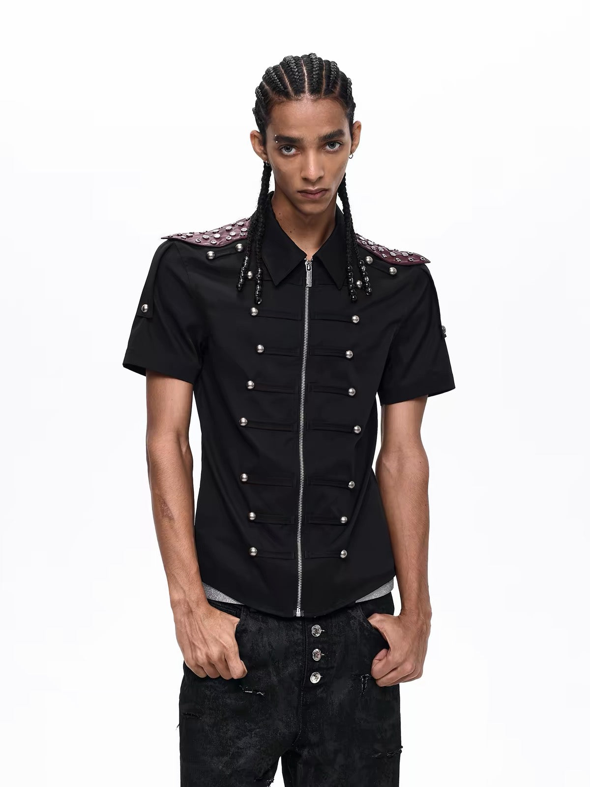 Medieval Rivet Patchwork Zip-Up Shirt