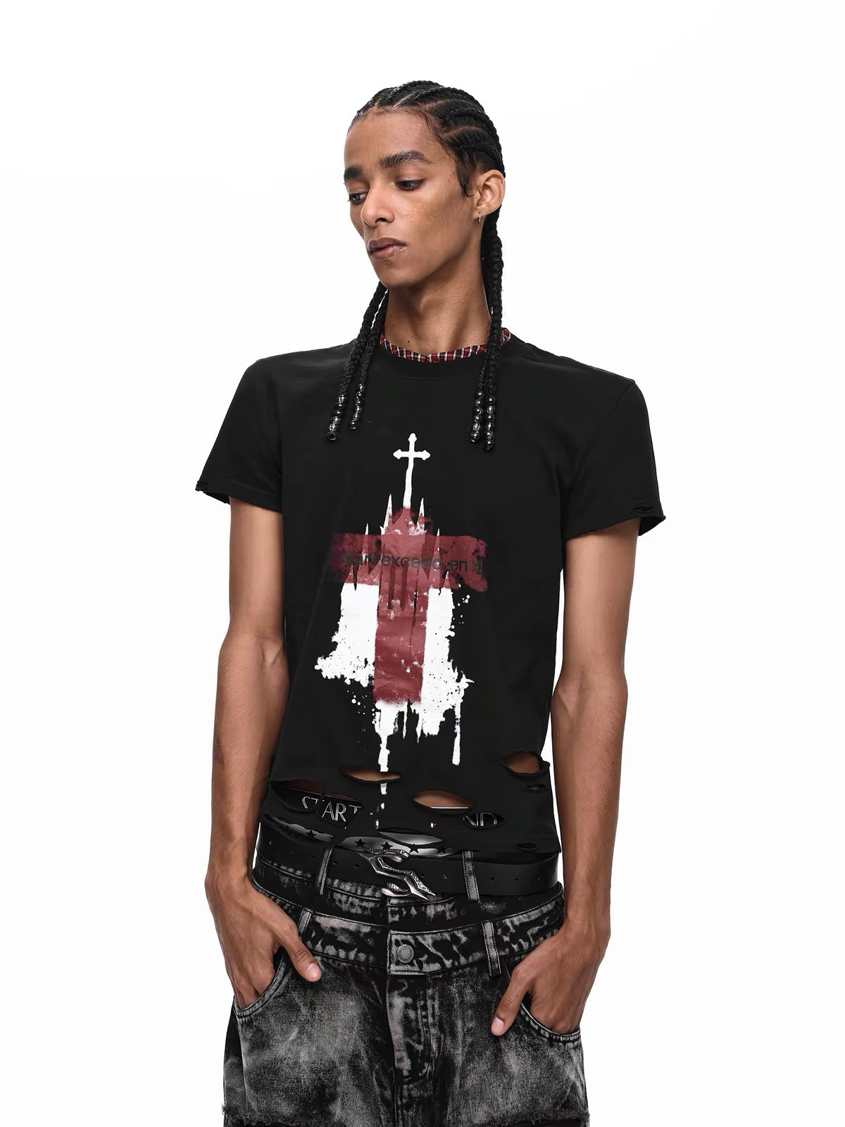 Slim Fit Cross Print Distressed T-Shirt