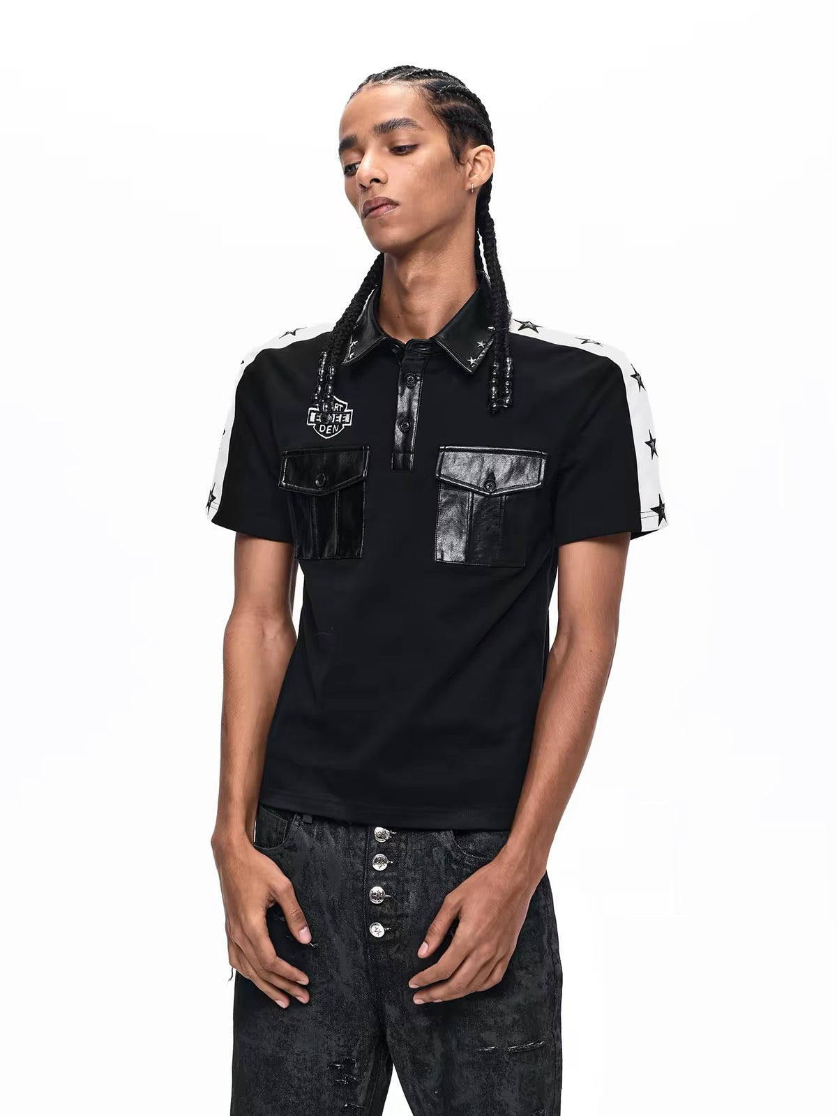 Star Patchwork Leather Trim Polo Shirt