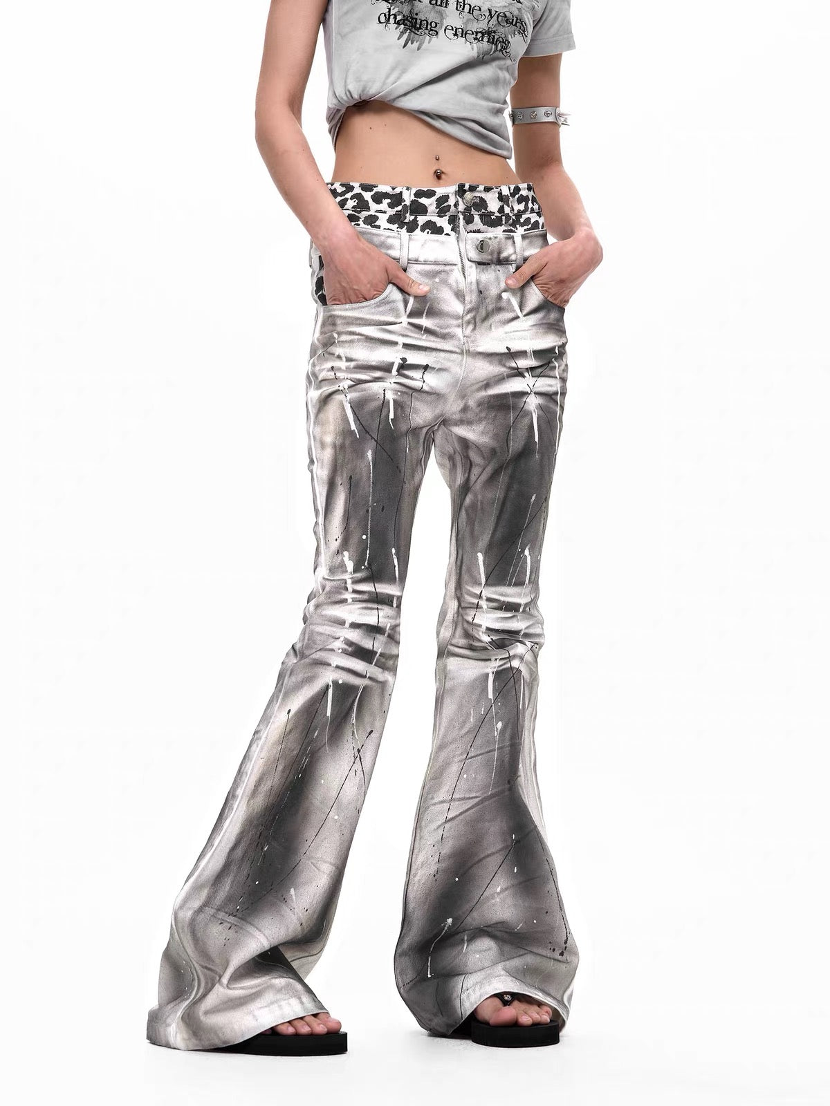 Leopard Print Double Waistband Flared Pants