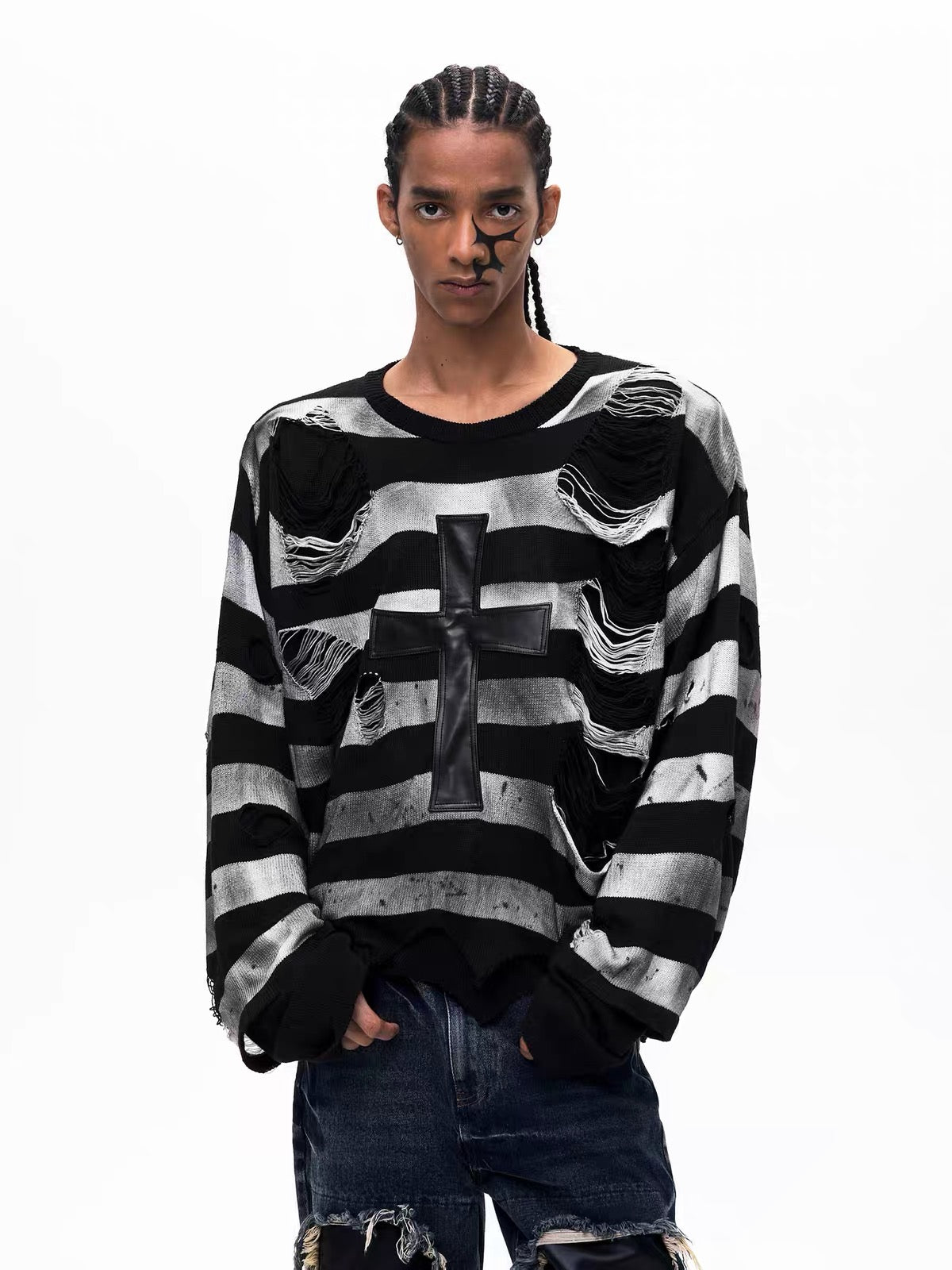 Distressed Striped Cross-Panel Knit Sweater