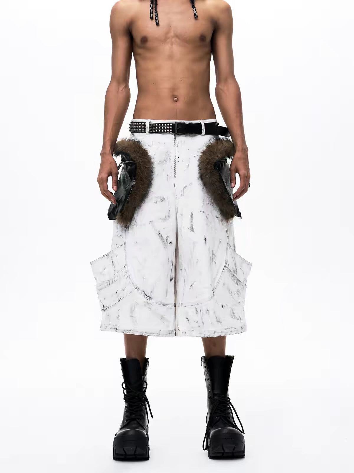 Distressed Fur-Trimmed Multi-Pocket Cropped Pants