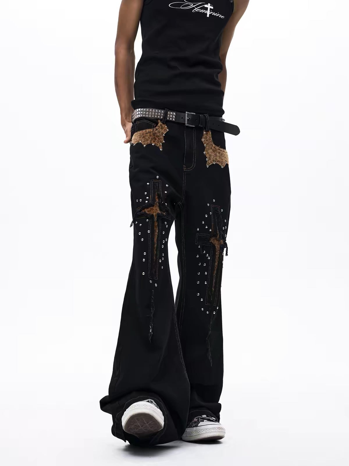 Leopard Patchwork Studded Flared Jeans Pants