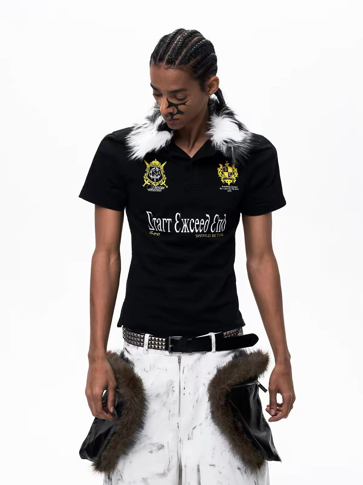 Short-Sleeve Polo Shirt with Fur Collar