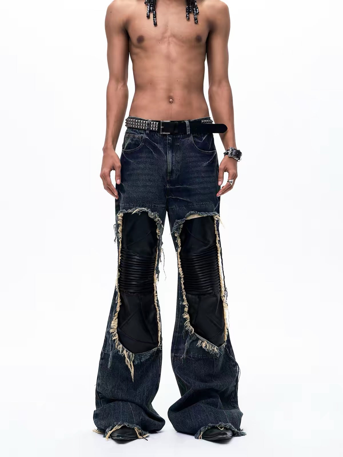 Distressed Patchwork Wide-Leg Denim Pants