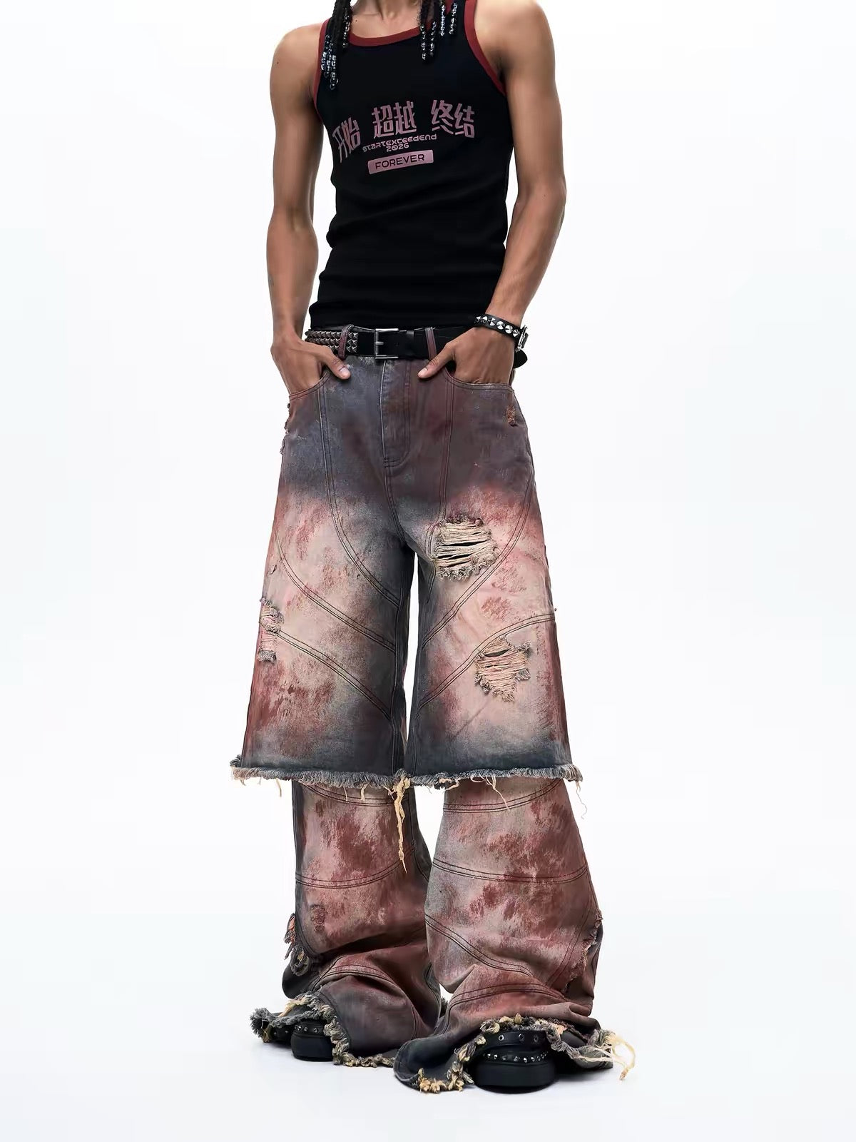 Distressed Faux Two-Piece Loose Jeans Pants