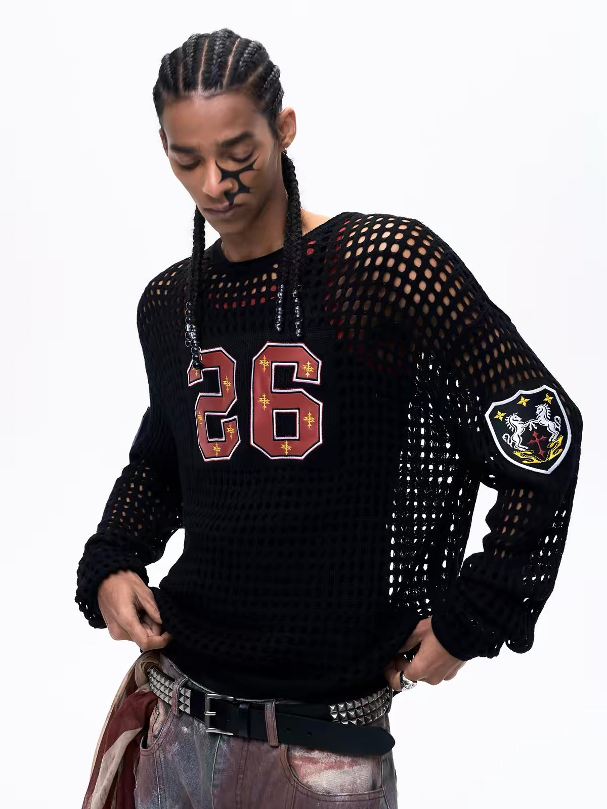 Hollow-Out Embroidered Badge Knit Sweater
