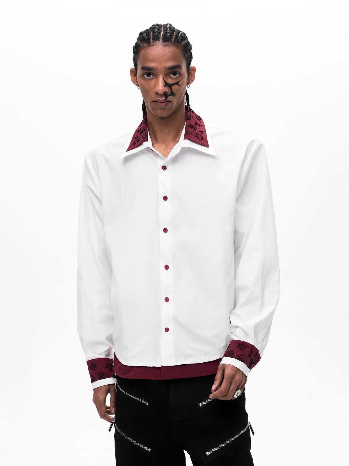Double-Collar Faux Two-Piece Embroidered Shirt