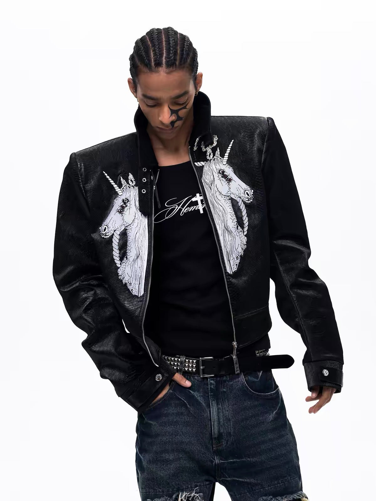 Unicorn Embroidered Stand Collar Leather Jacket