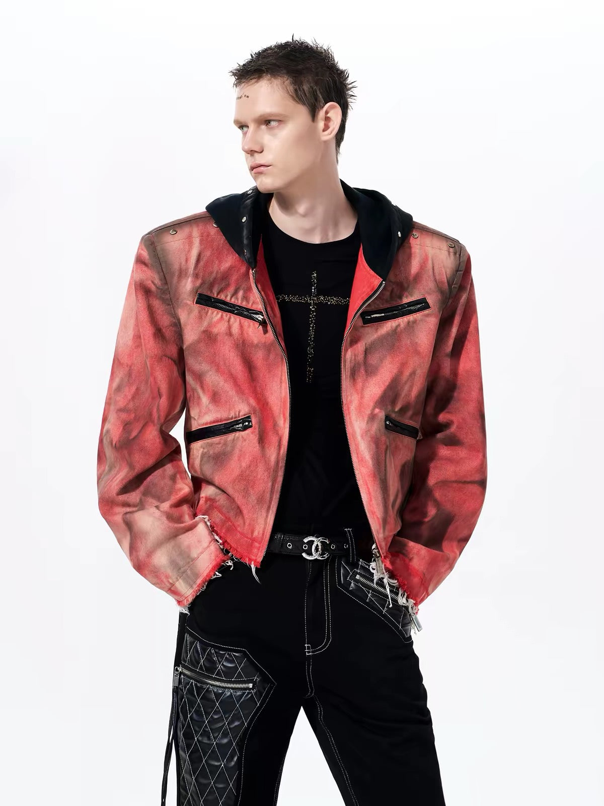 Hand-Painted Distressed Hooded Denim Jacket