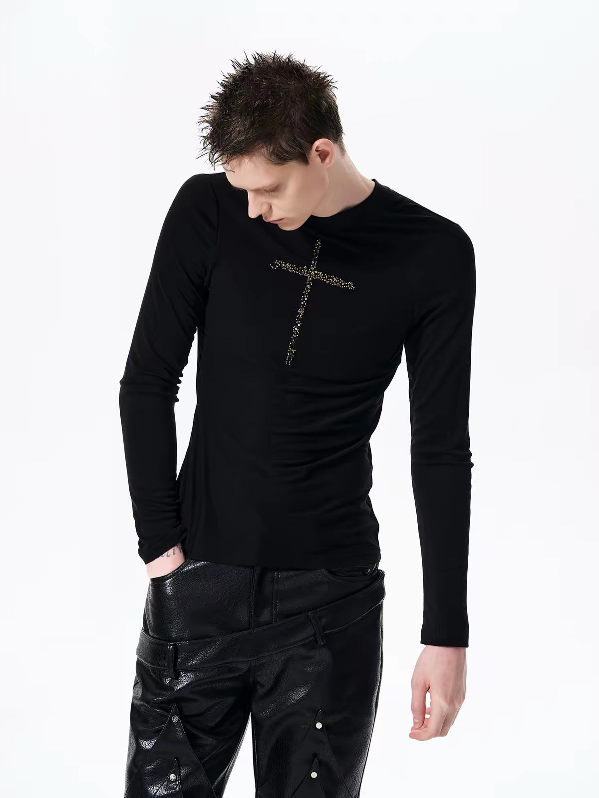 Slim Fit Cross Print Long-Sleeve T-Shirt