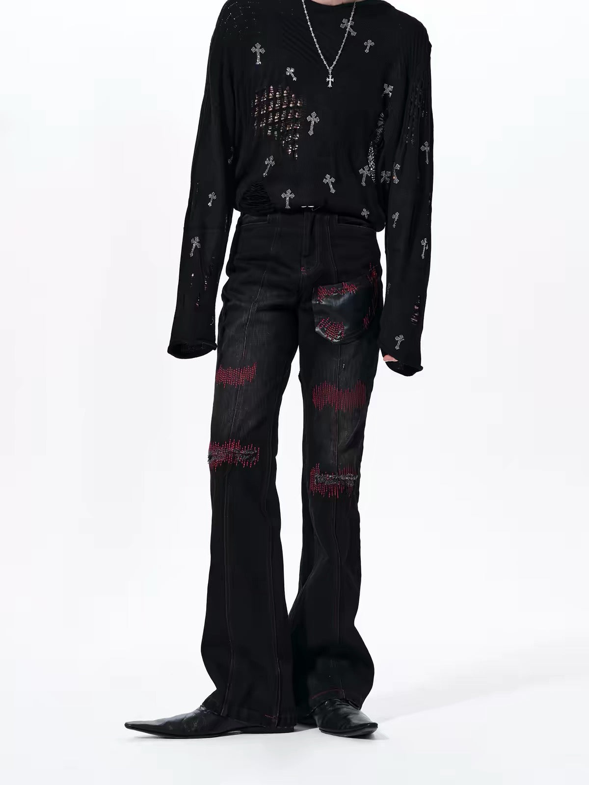 Leather Patchwork Flared Jeans Pants