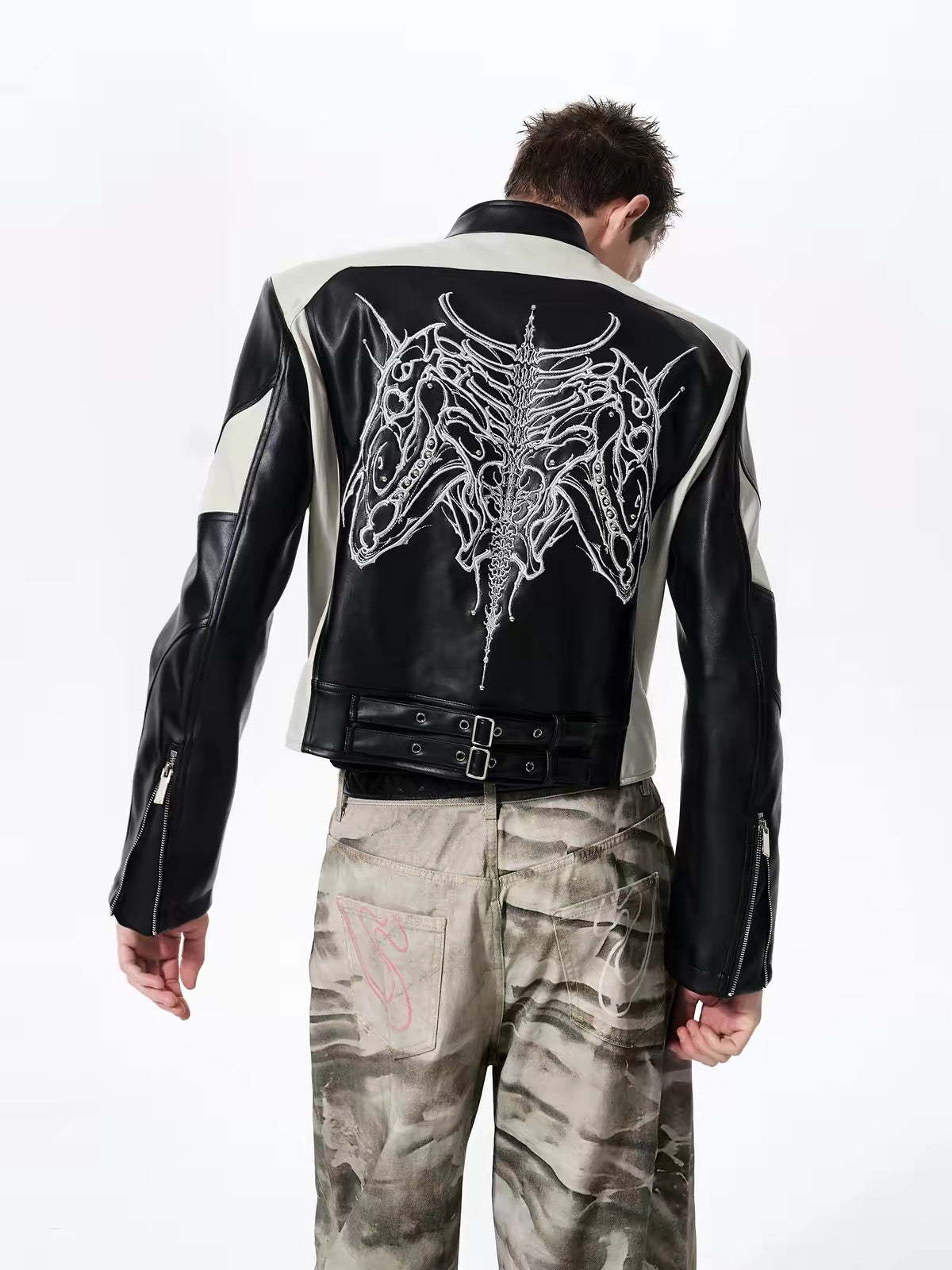 Embroidered Stand Collar Motorcycle Leather Jacket