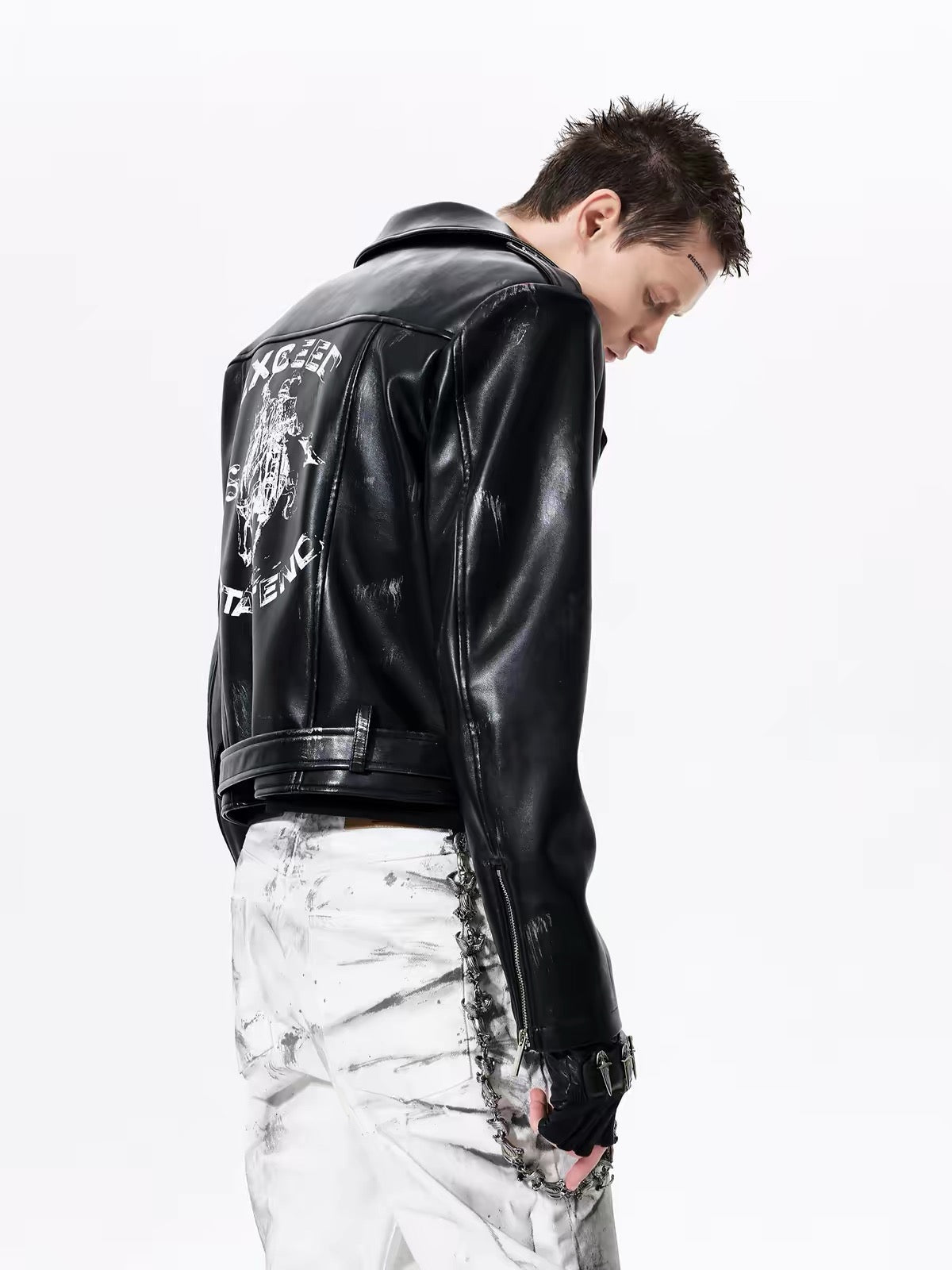 War Horse Print Distressed Leather Jacket