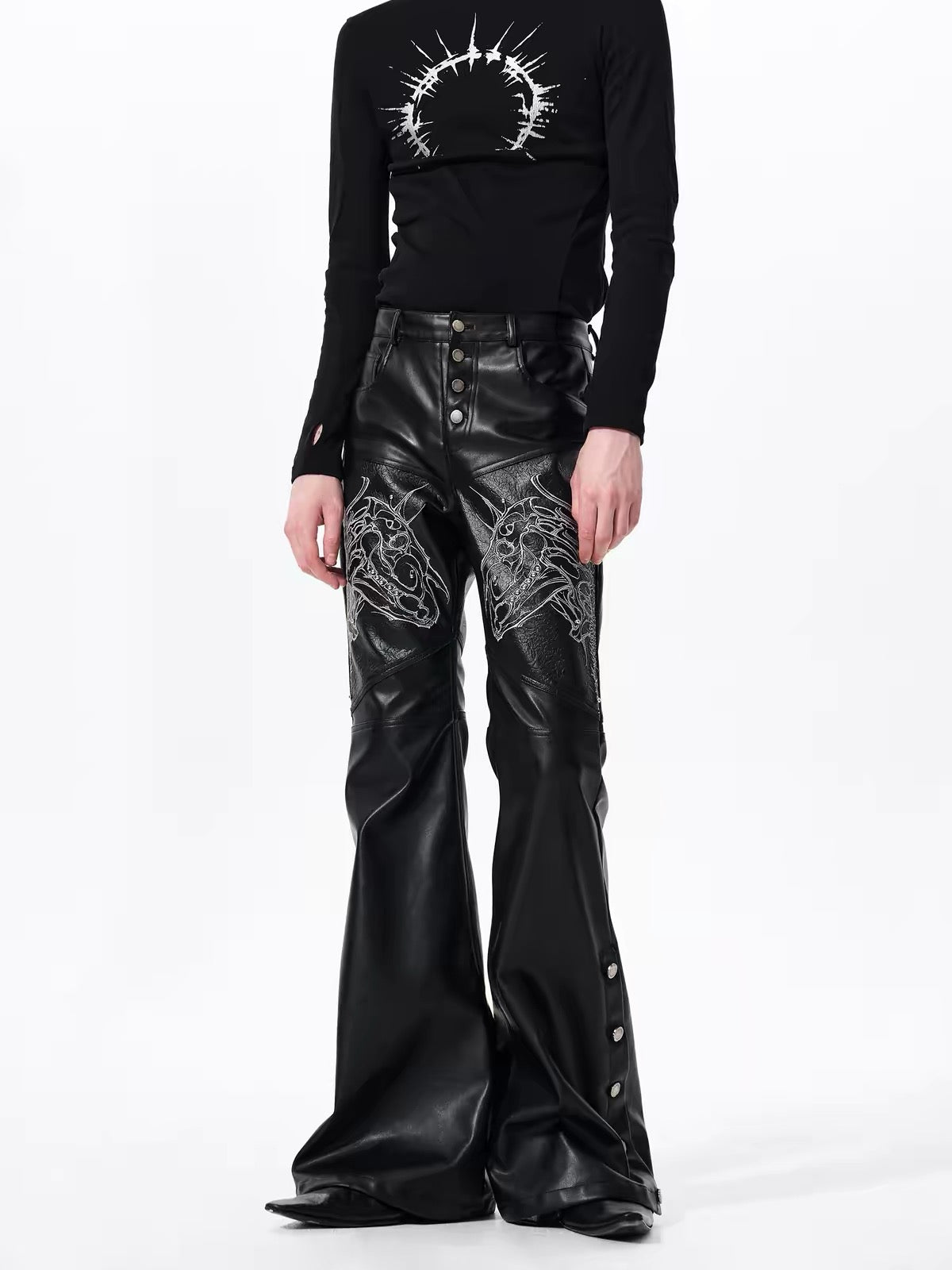Embroidered Horse Head Flared Leather Pants