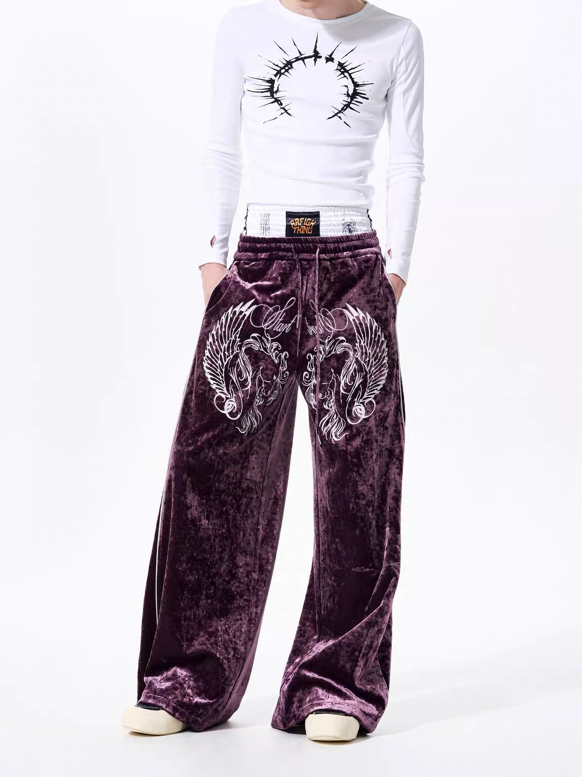 Embroidered Velvet Wide-Leg Sweatpants