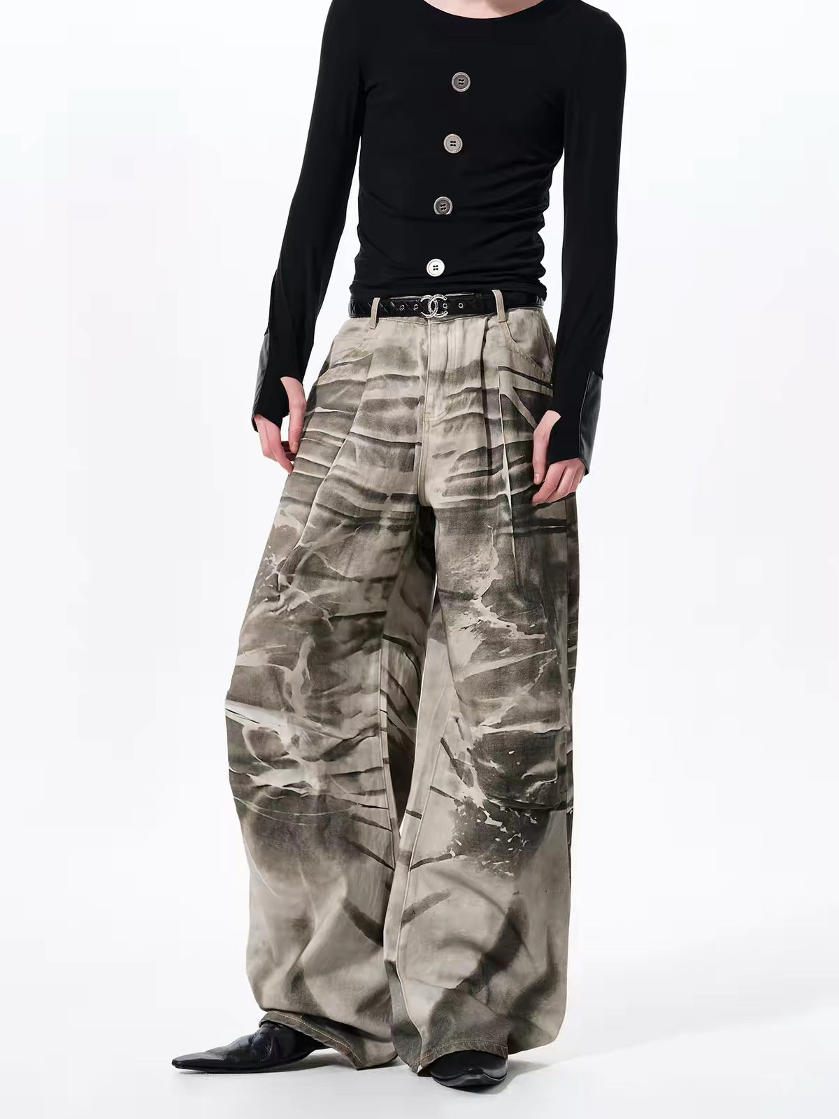 Distressed Tie-Dye Wide-Leg Floor-Length Pants