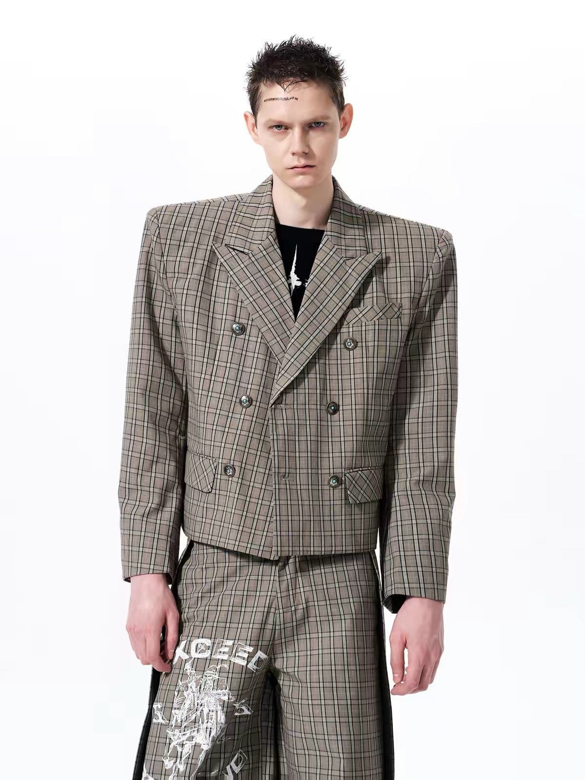 Retro Plaid Double-Breasted Suit Set