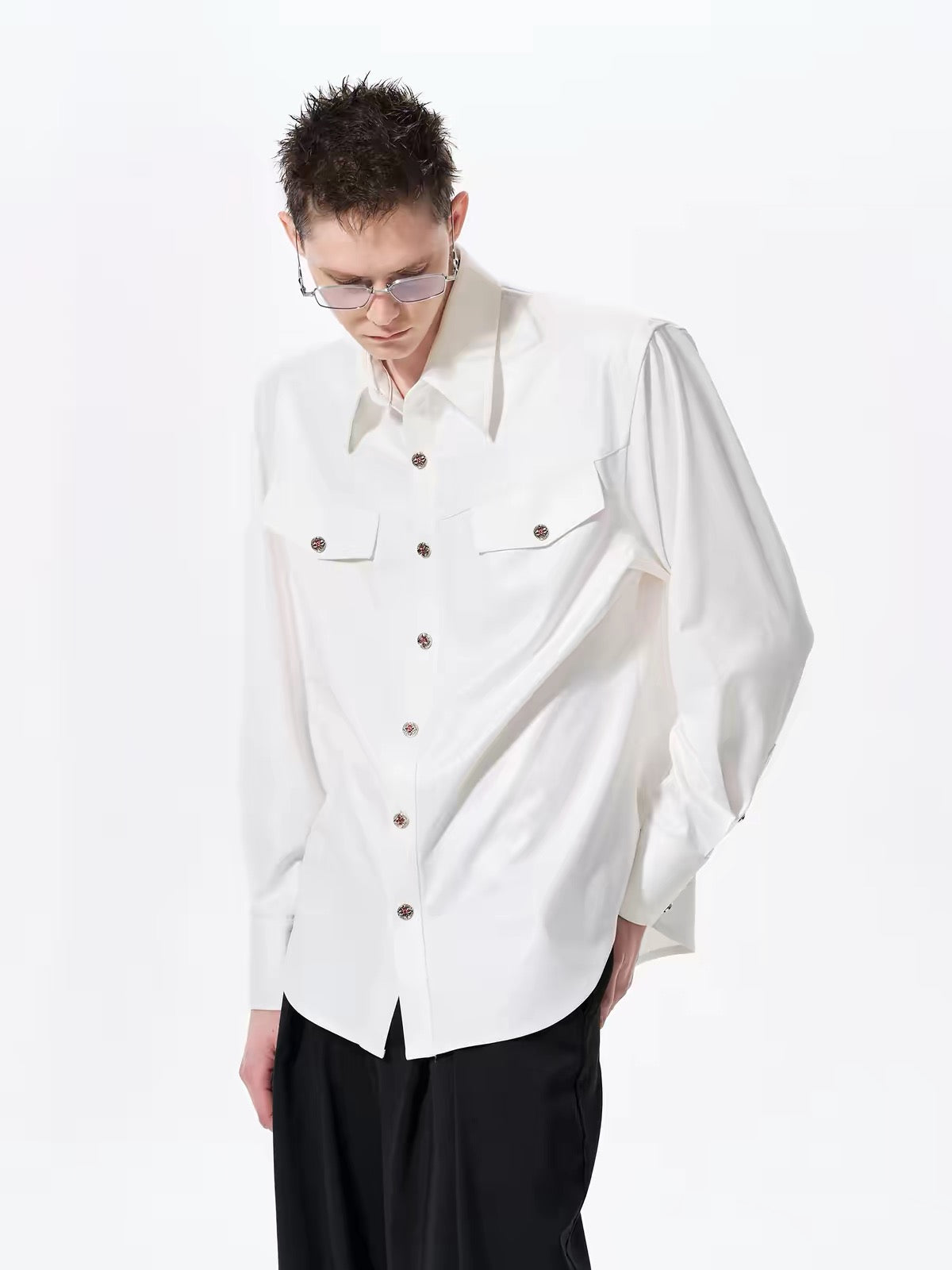 Faux Acetate Straight Shoulder Shirt
