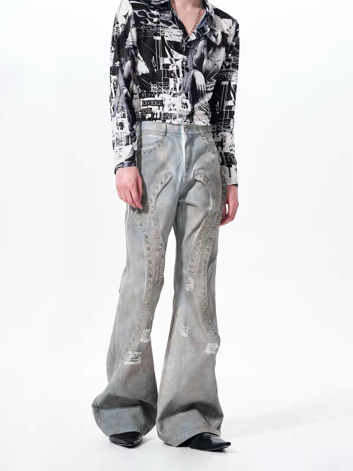 Deconstructed Distressed Flared Denim Pants