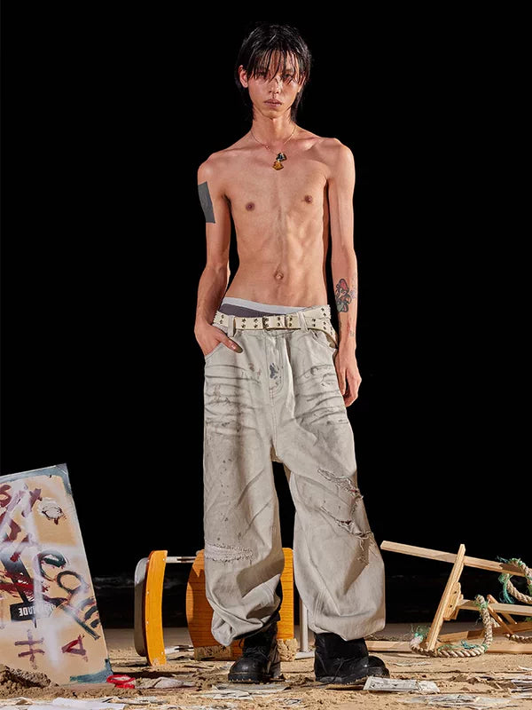 Distressed Loose Wide-Leg Jeans Pants 1