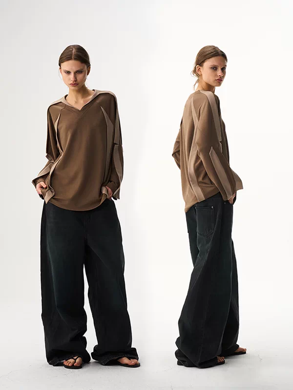 V-Neck Loose-Fit Long Sleeve T-Shirt 1