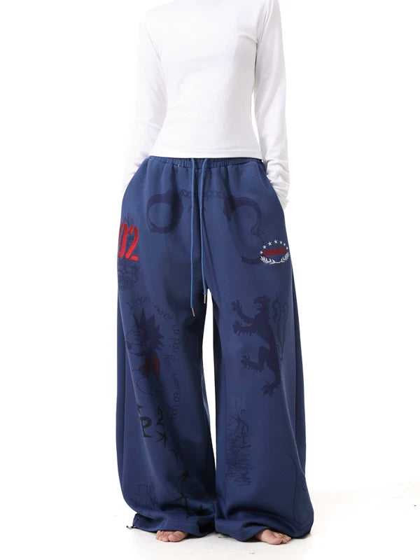 Graffiti Print Elastic Waist Wide-Leg Pants 1