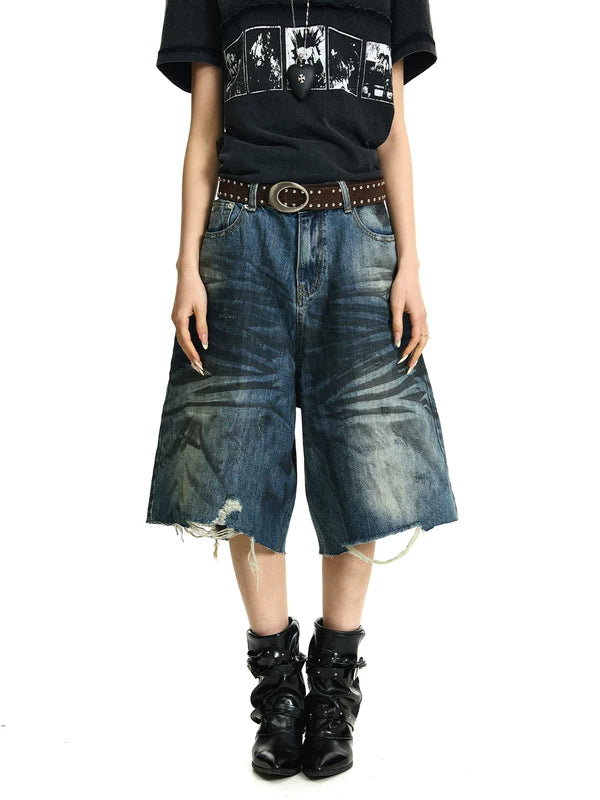 Distressed Wide-Leg Denim Capri Pants 2